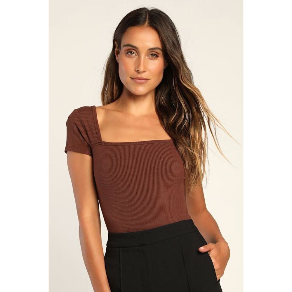 Lulus Always Confident Brown Ribbed Square Neck Short Sleeve Bodysuit - Size XL